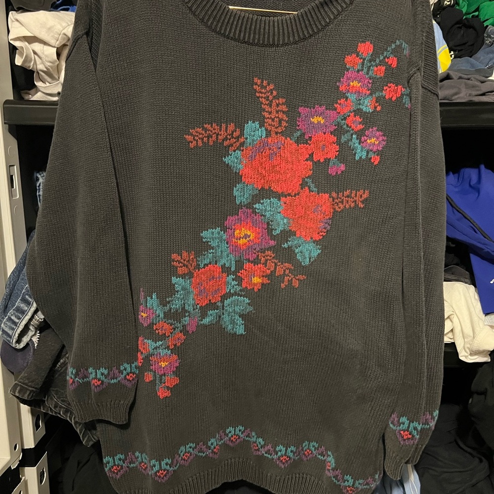 1991 Eddie Bauer Floral Knit Sweater - Black with Red and Pink Accents